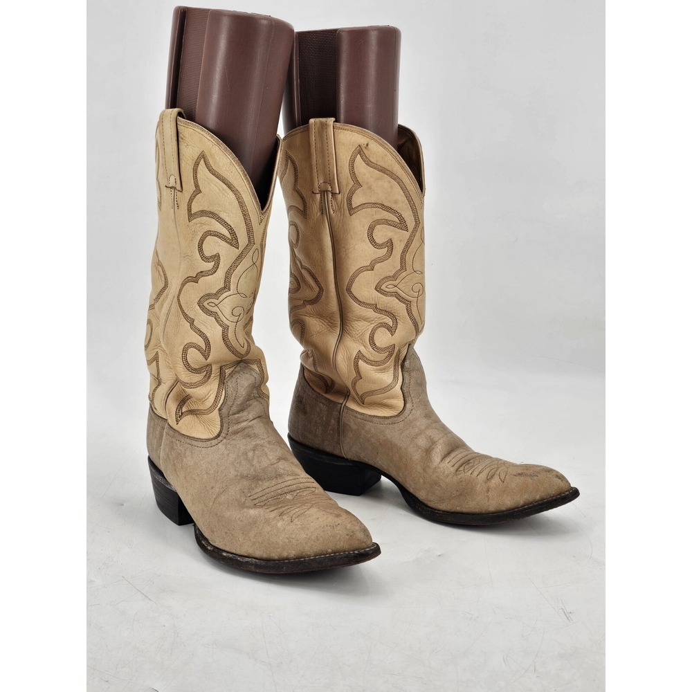 Nocona‎ Western Boots Beige Leather Embroidered Pull On Cowboy Western 9.5D